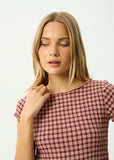 AFENDS Capricorn Hemp Seersucker Top - BURGUNDY/BEIGE CHECK