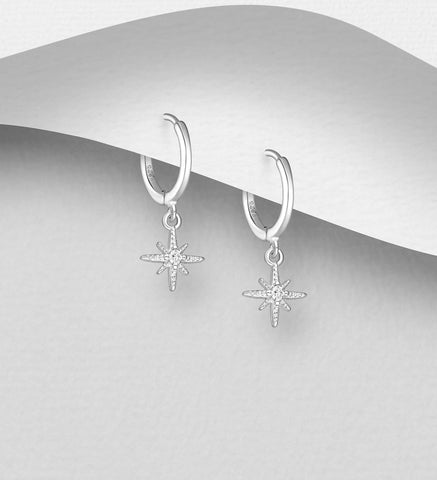925 Silver Star Hoop Earrings with CZ Simulated Diamonds