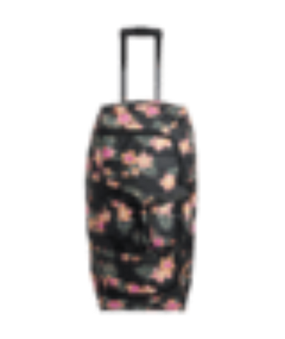 A black rolling suitcase with a pink and orange leopard print pattern, featuring a telescoping handle extended at the top.