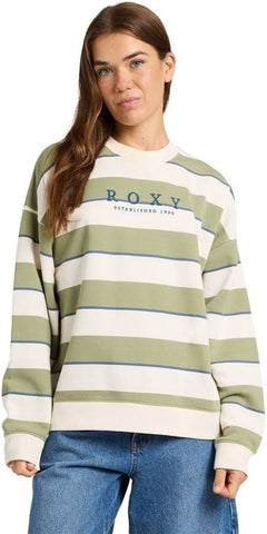 ROXY Strictly Stripes Oversize Crew Neck - OIL GREEN