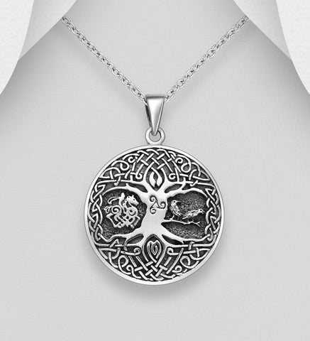 925 Sterling Silver Oxidised Pendant Featuring Celtic Tree of Life, Bird, Horse and Human