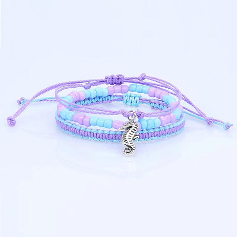 CLASSIC 77 - 3 Strand Aqua & Purple Seahorse Bracelet Set
