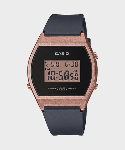 CASIO Ladies Mid Size Digital 50m - ROSE GOLD RIM/  BLACK RESIN BAND
